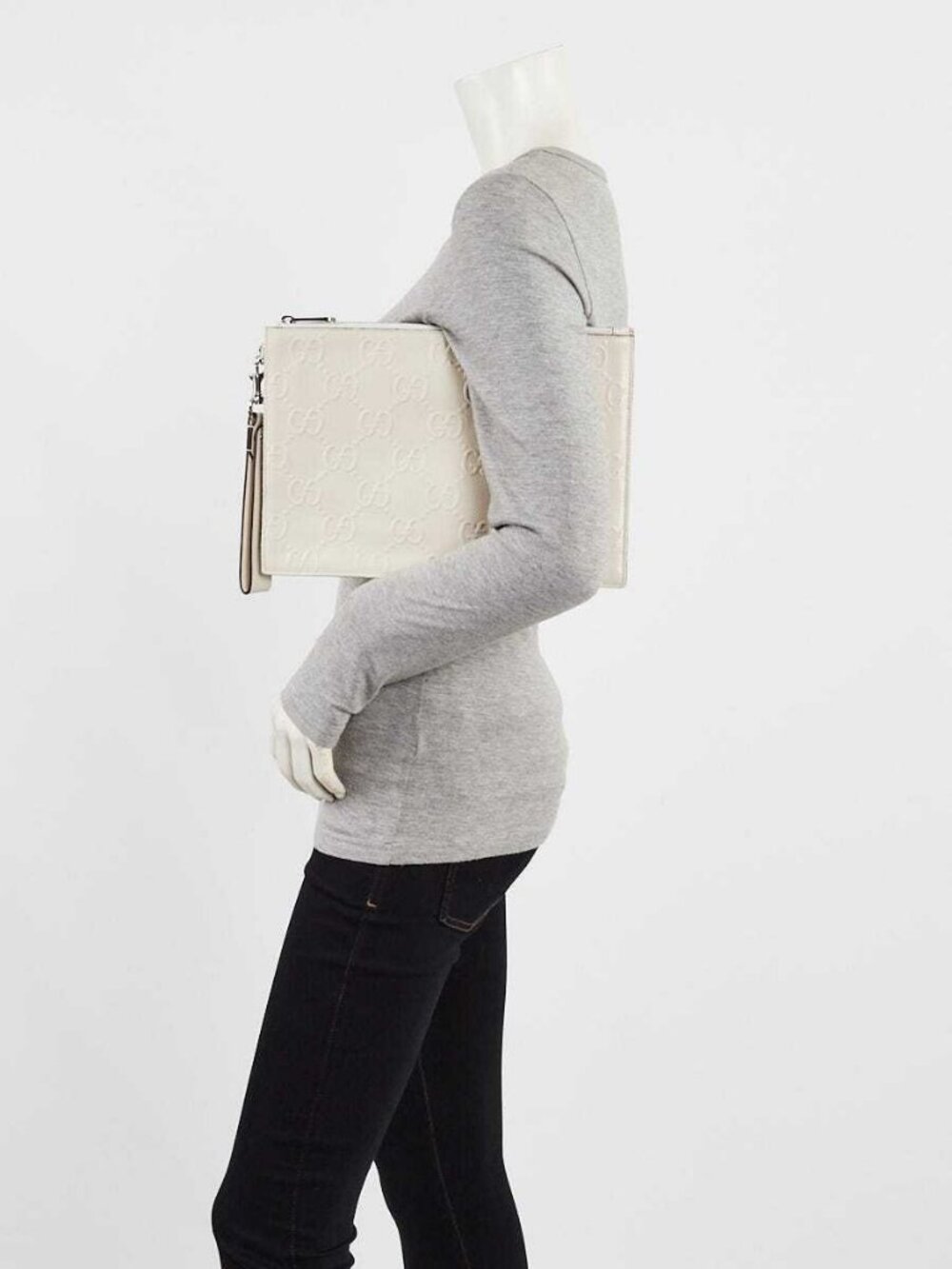 Gucci White Perforated Embossed GG Leather Wristlet Clutch Bag